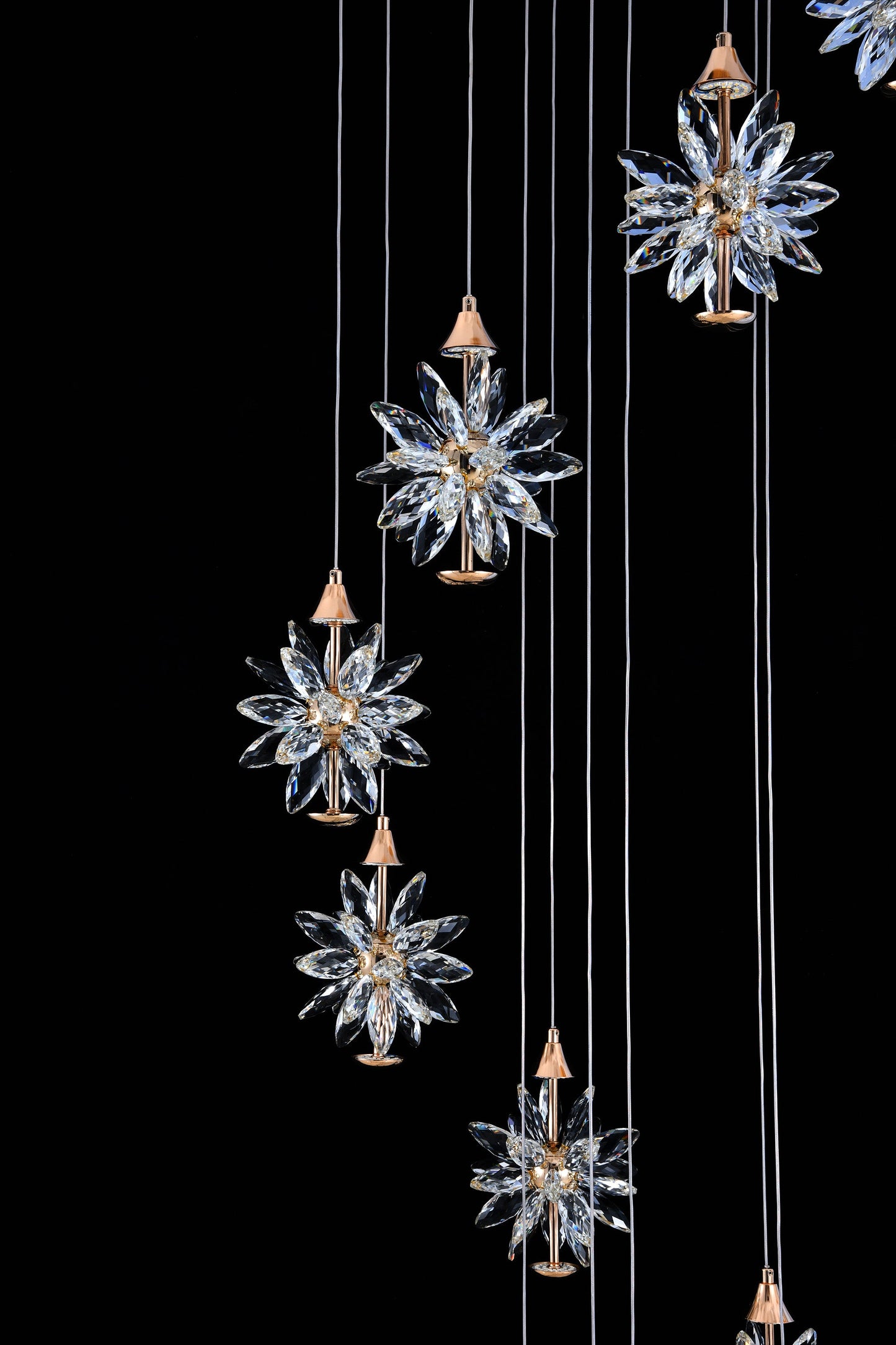 Side view showing precision cut real crystals on spiral LED chandelier