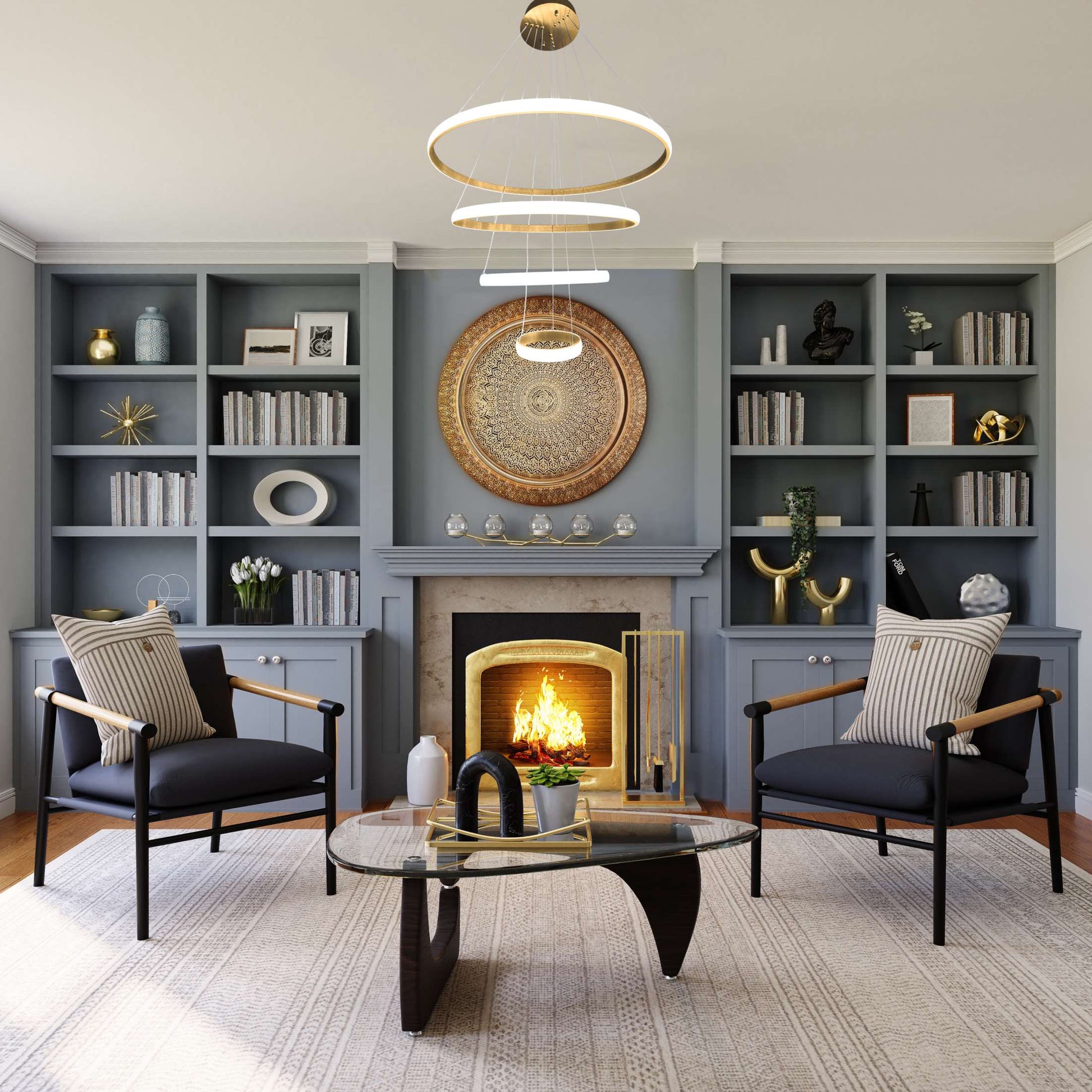 Sleek LED ring chandelier enhancing modern family room décor
