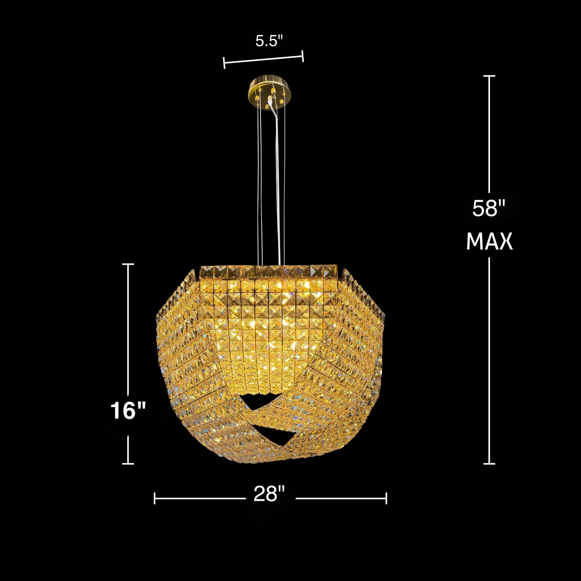 Technical drawing showing the dimensions of the 28-inch wide by 16-inch high square crystal chandelier.
