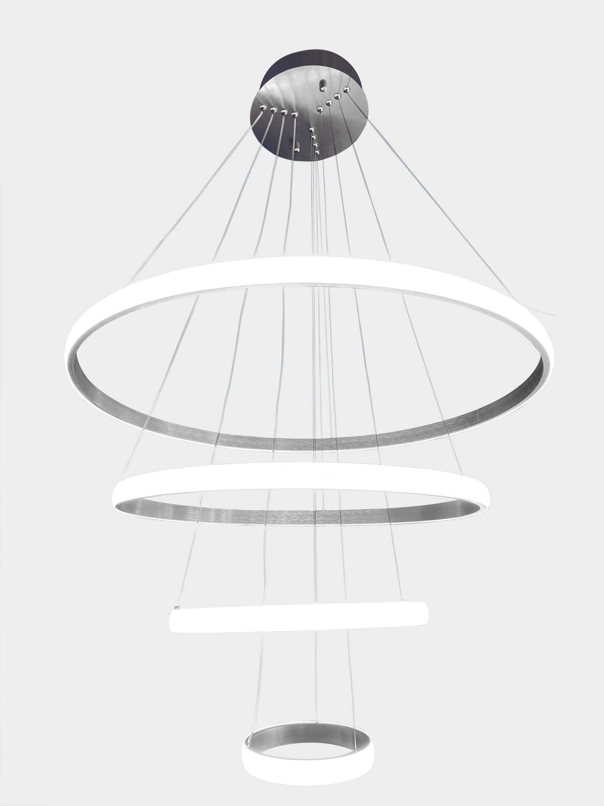 White background render of modern multi-ring LED chandelier