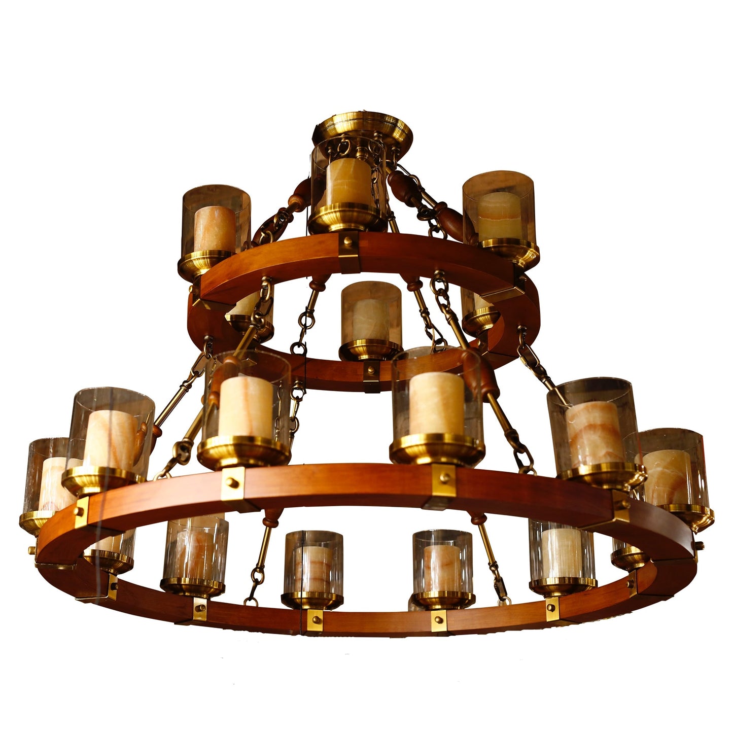 Rustic Industrial Wood Chandelier Lighting Fixture 2 tear Chandelier Gold Color 18 lights - Spot Light Inc